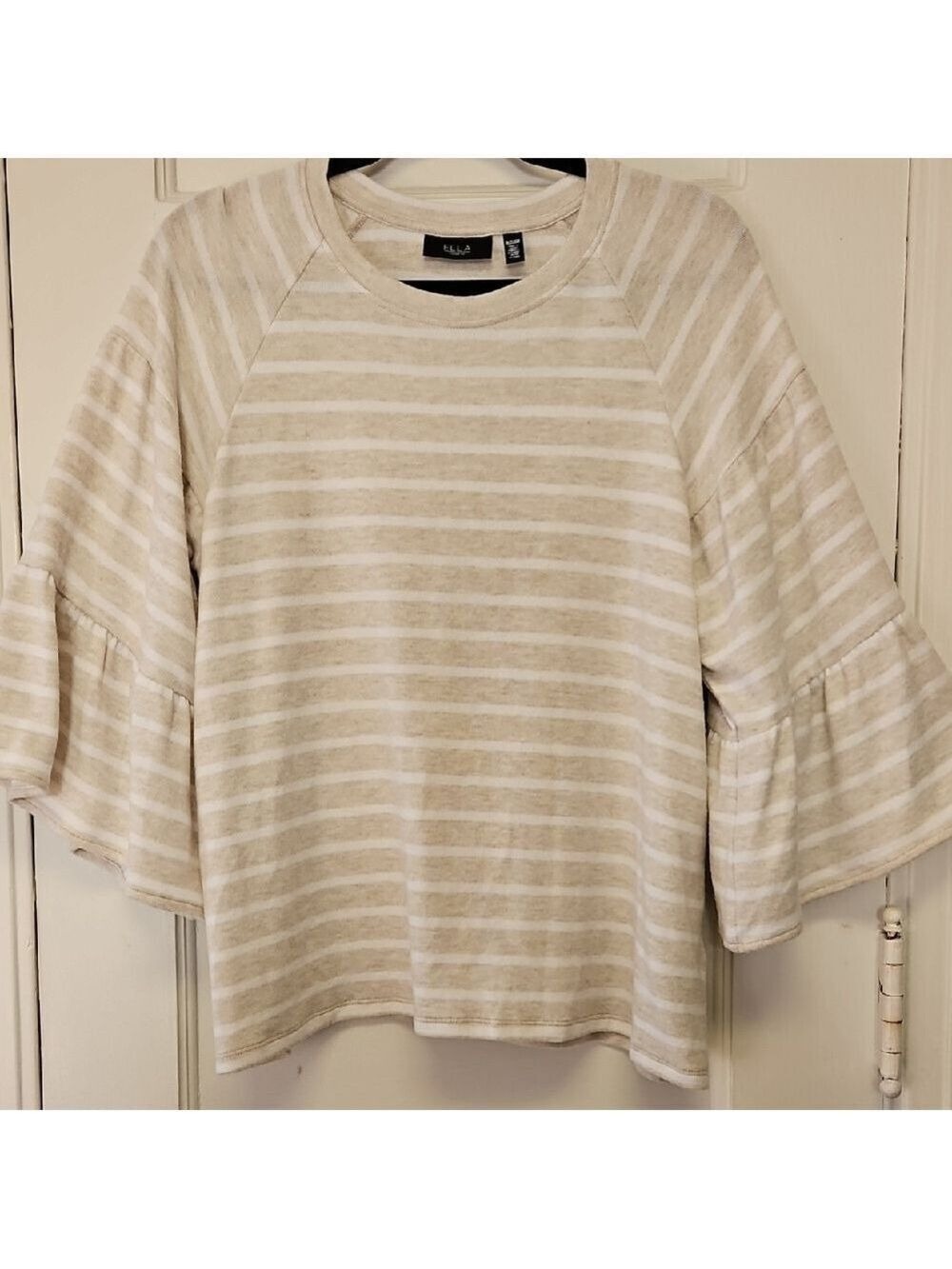 ELLA RAFAELLA Beige Striped Knit Top Bell Sleeves Size Small